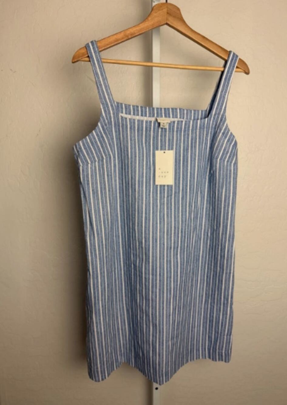 A New Day Blue White Striped Linen Blend Dress M NWT Square Neck